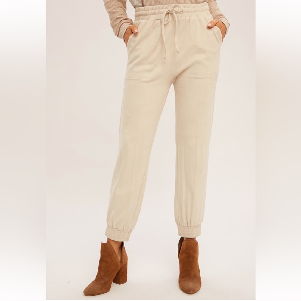 332. Soft Faux Suede Jogger Pant W/ Pockets Off White Cream NEW Item NWT S,M,L - Picture 4 of 5